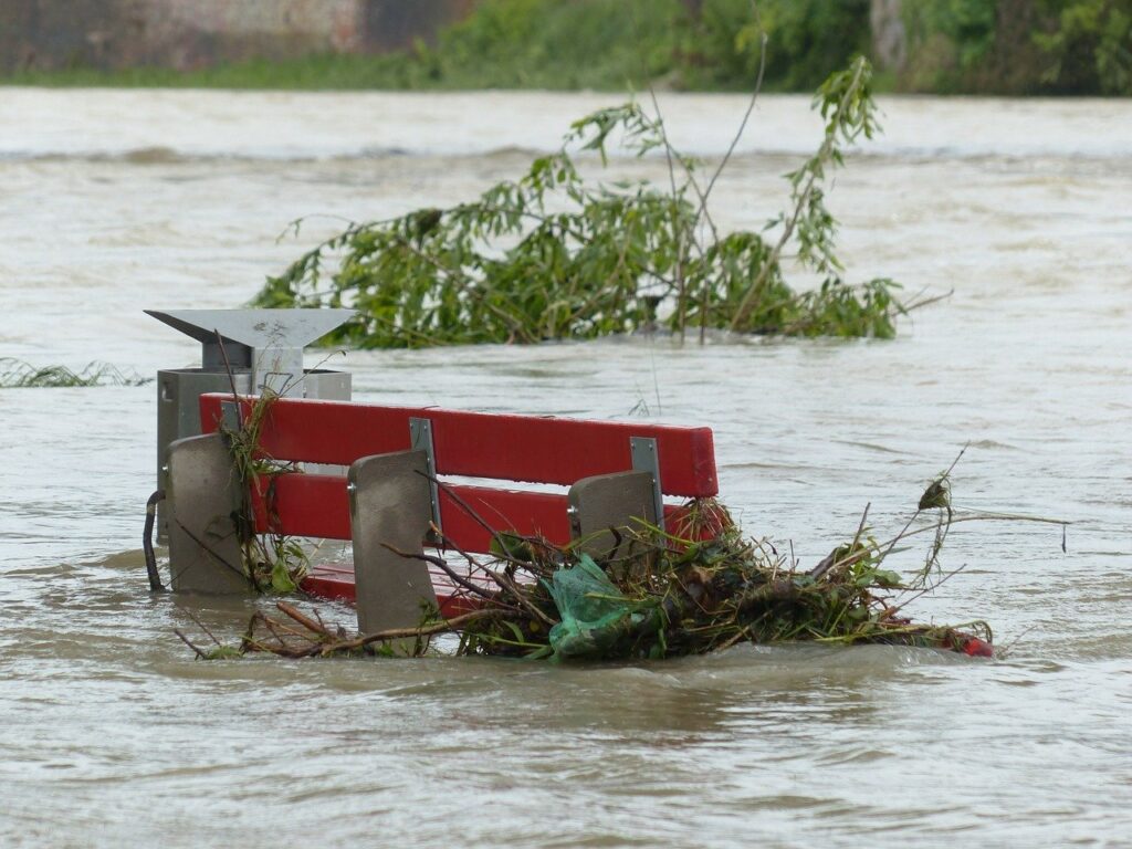 high water, park bench, flooded