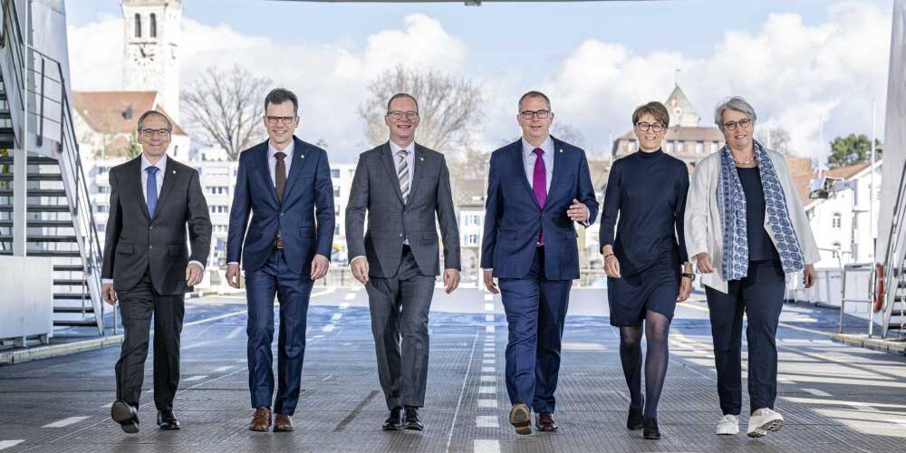 Der Thurgauer Regierungsrat 2023/24 (v.l.): Staatsschreiber Paul Roth, Dominik Diezi, Walter Schönholzer, Regierungspräsident Urs Martin, Monika Knill und Cornelia Komposch.