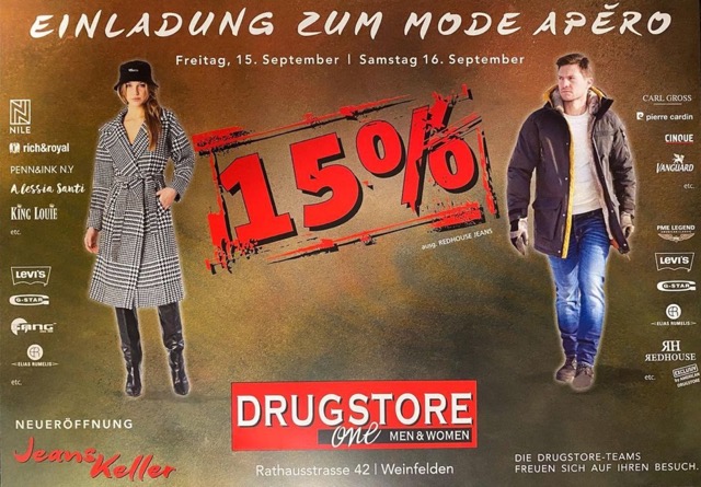 «DRUGSTORE ONE» Weinfelden lädt Neueröffnung september 2023 jeans keller