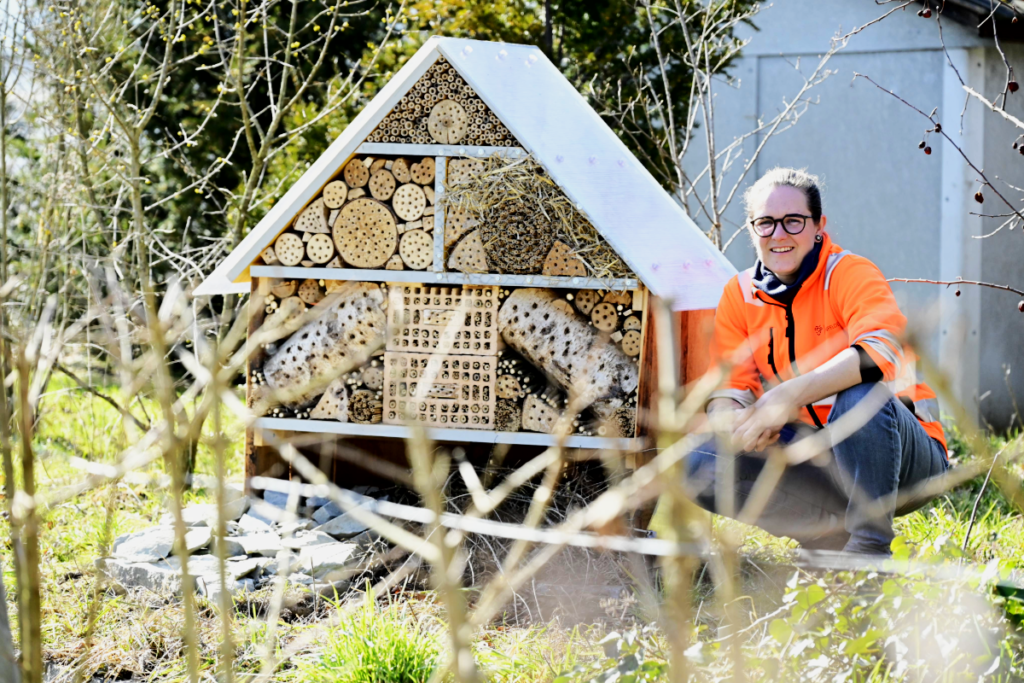 Selbst gebaut: Jessica Behrens, Leiterin Stadtgärtneri, hat zusammen mit ihrem Team eigene Wildbienenhäuser erstellt. (Bild: Stadt Weinfelden)