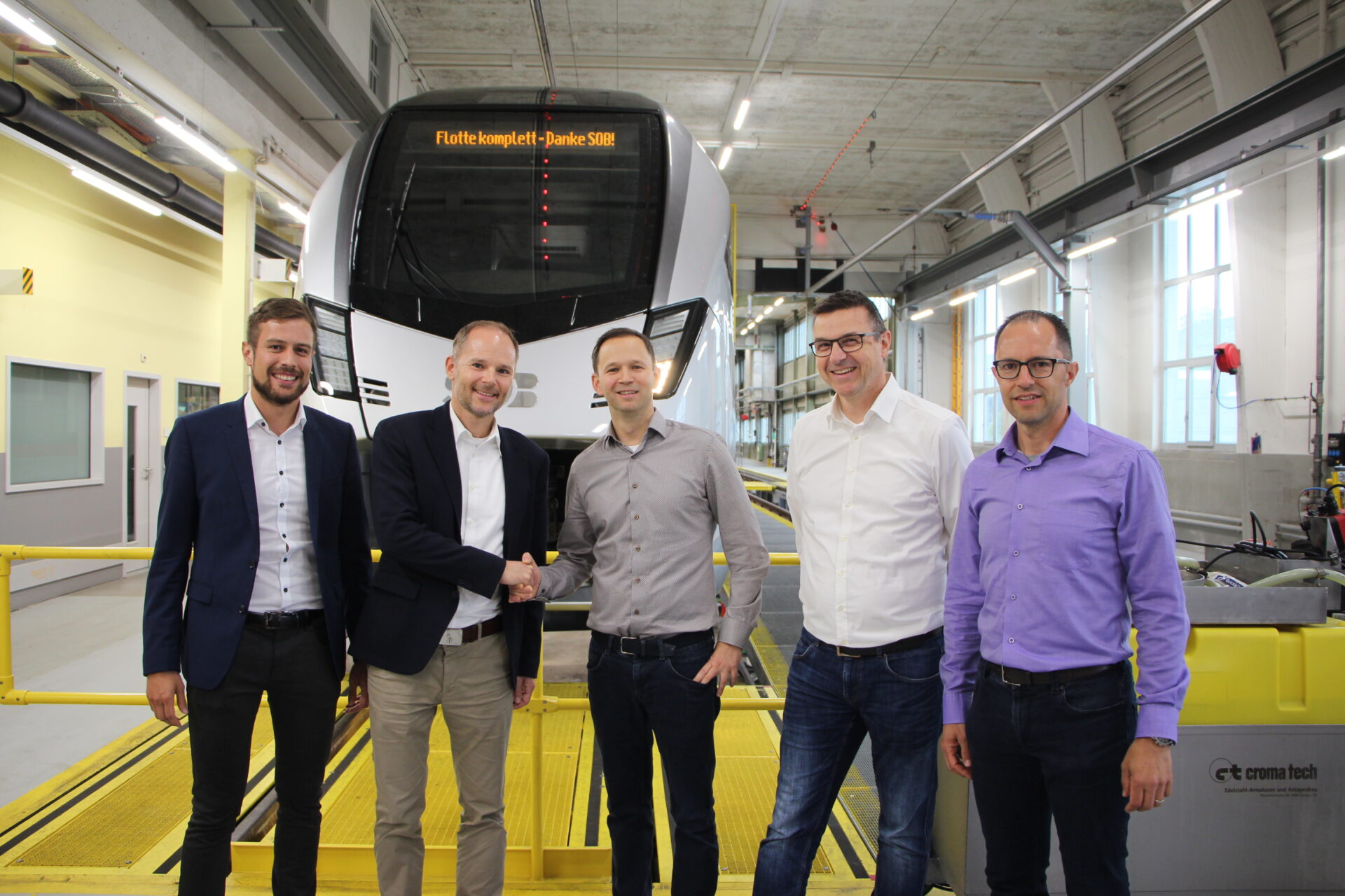 Kai Herter, kommerzieller Projektleiter Stadler; Philipp Menk, technischer Projektleiter Stadler; Thomas Schäfer, Leiter Projektmanagement & Beschaffung Rollmaterial SOB; Thomas Waldis, Leiter Flottenmanagement SOB; François Cosandey, Projektleiter Flottenmanagement SOB.