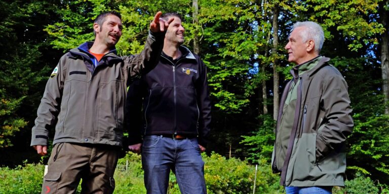 Revierförster Sebastian Bänteli, Reto April, Präsident der Bürgergemeinde Ermatingen, und Kreisforstingenieur Ulrich Ulmer im Pflanzgarten. Hier werden die Eichen mit Samen aus dem eigenen Wald während zwei Jahren aufgezogen.