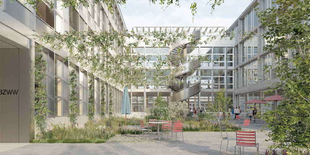 Visualisierung: Gartenhof zwischen Bestand und Erweiterung