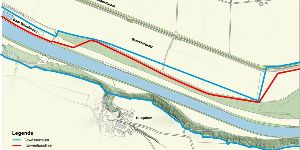 Grafik «Gewässerraum- und Interventionslinie im Bereich Exerzierplatz in Weinfelden».